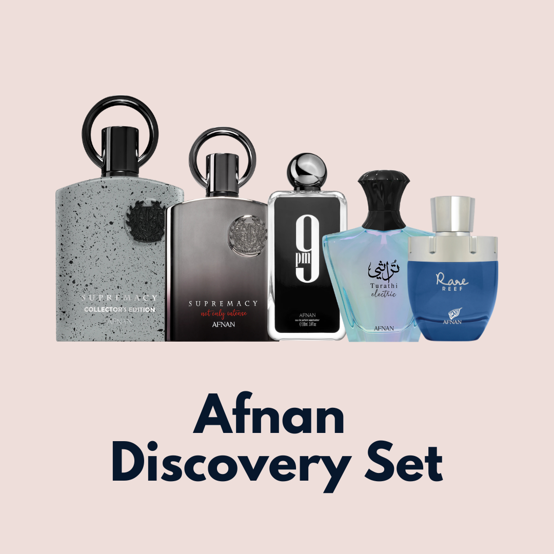 Afnan Discovery Set with five 1.5ml perfume samples from Branded Perfume BD, displayed in a sleek box.
