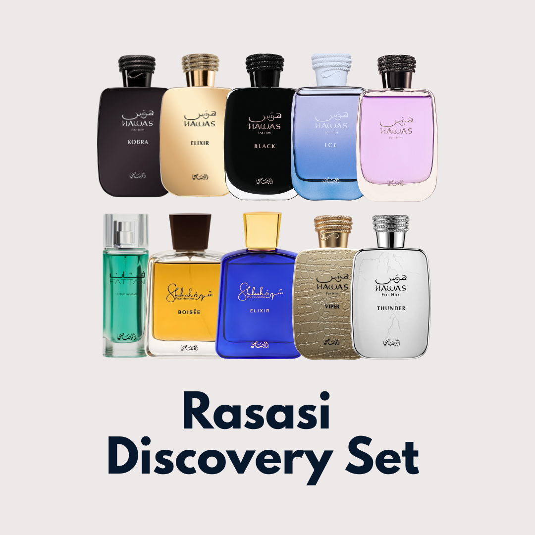 Hawas Discovery Set by Branded Perfume BD with ten 1.5ml perfume samples, arranged in a sleek display.