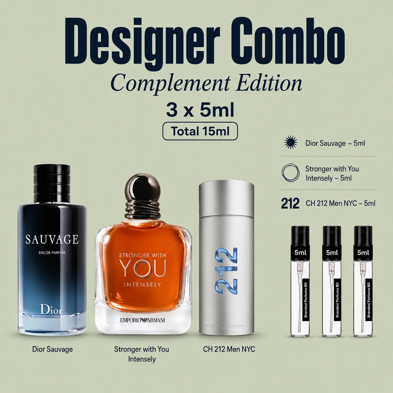 Branded Perfume BD Designer Complement Combo with three 5ml perfume decants displayed in clear bottles.