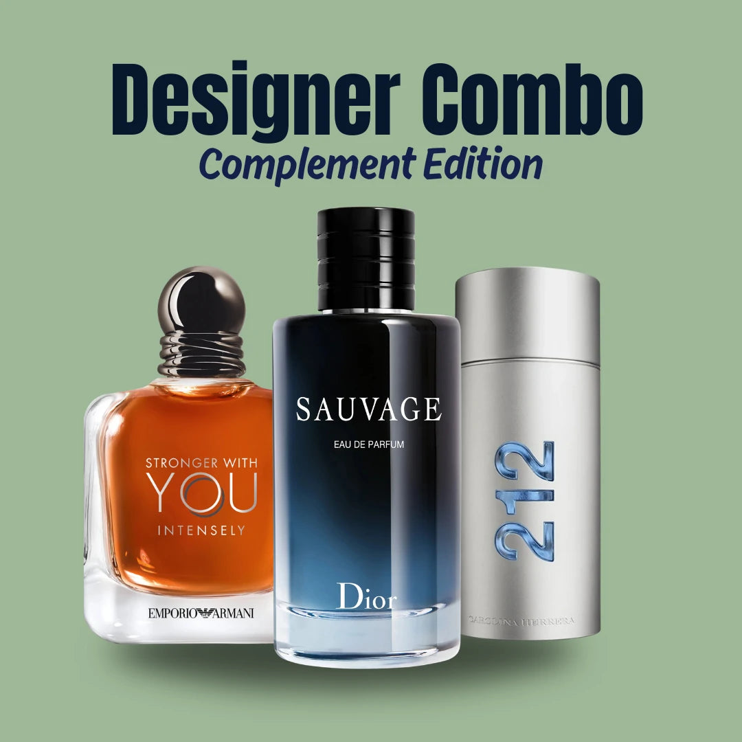 Branded Perfume BD Designer Complement Combo with three 5ml perfume bottles, showcasing elegant packaging and variety of scents.